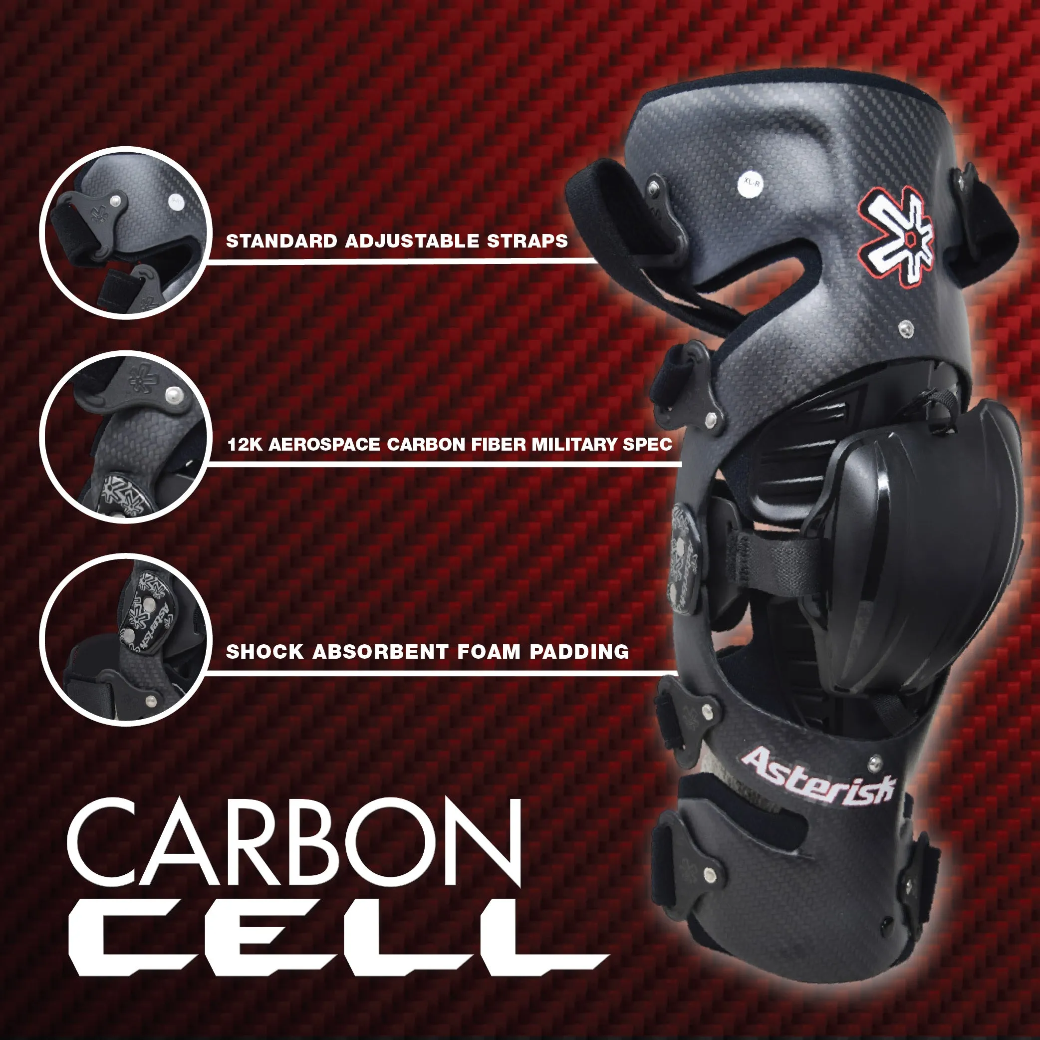 Asterisk Carbon Cell One - Advanced Knee Protector Brace (Left Only) for Motocross, Snowboarding, Wakeboarding, Off-Roading, Football, & More - Size X-Small