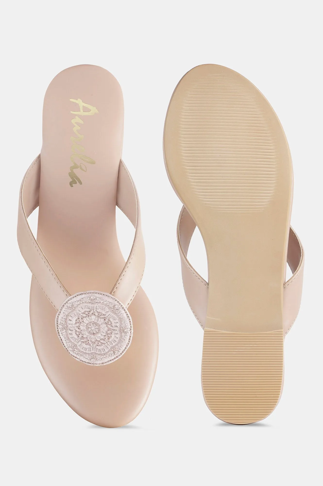 Beige Almond Toe Embroidered Flat - Zdominique
