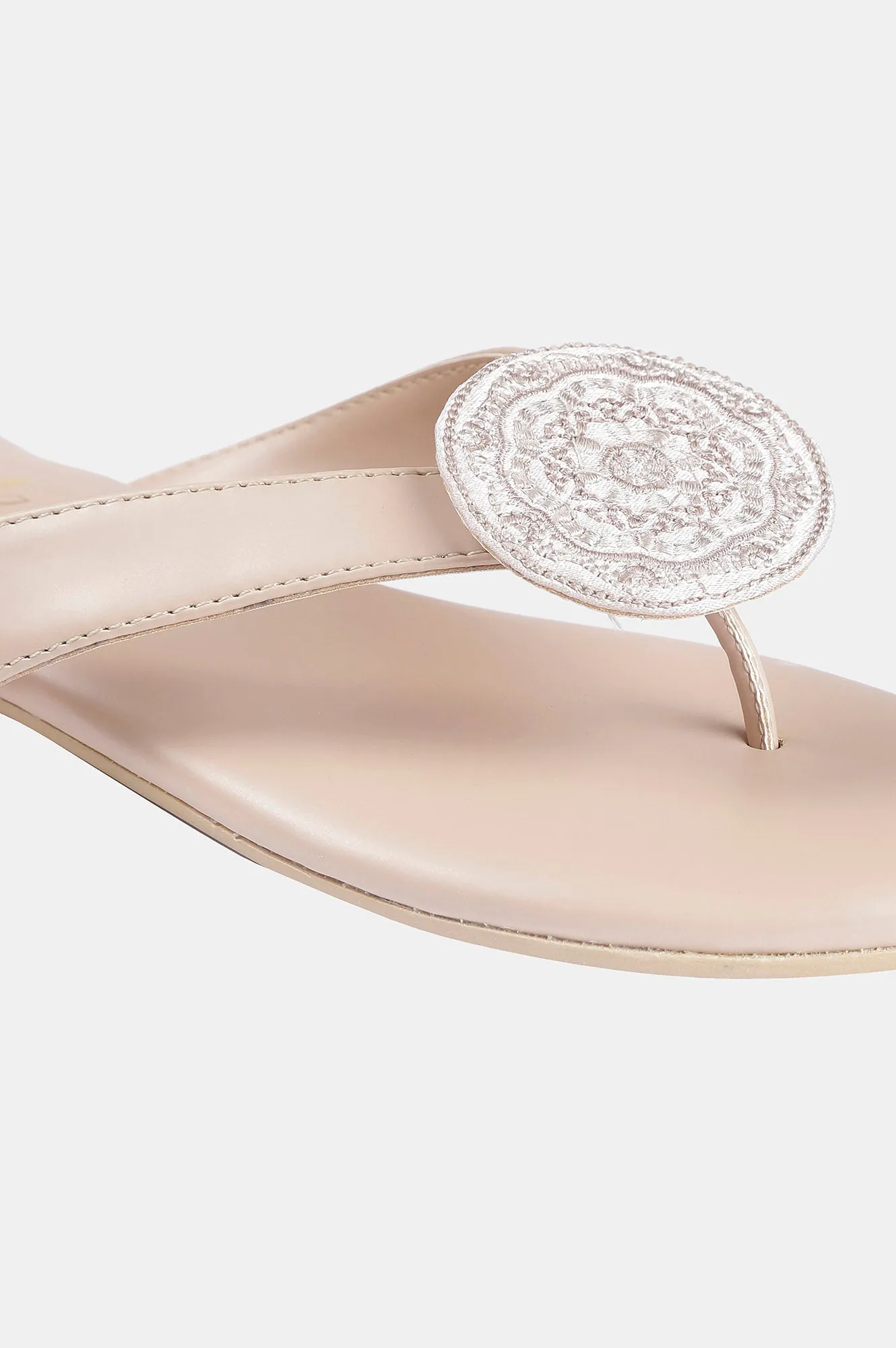 Beige Almond Toe Embroidered Flat - Zdominique