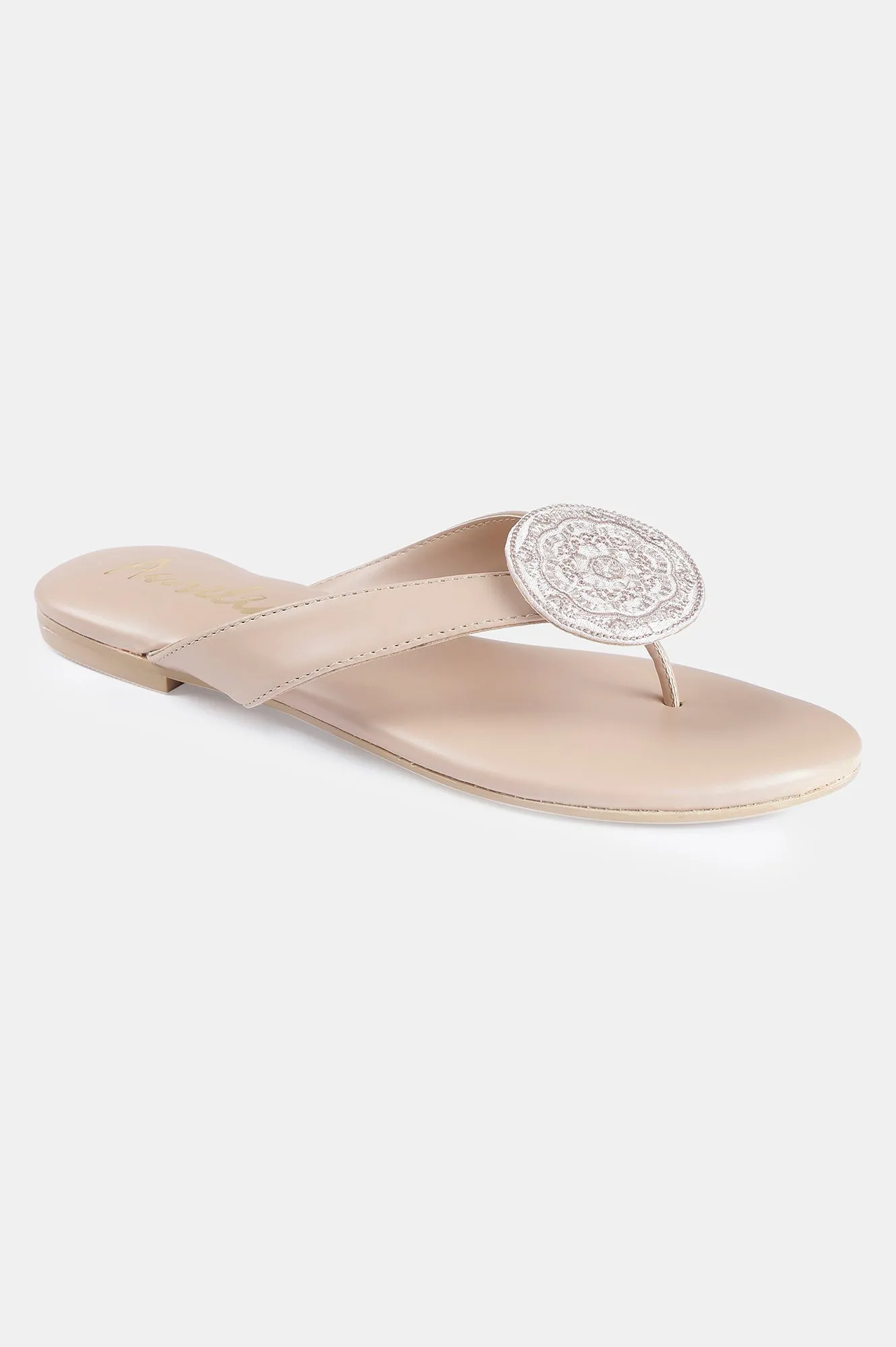 Beige Almond Toe Embroidered Flat - Zdominique