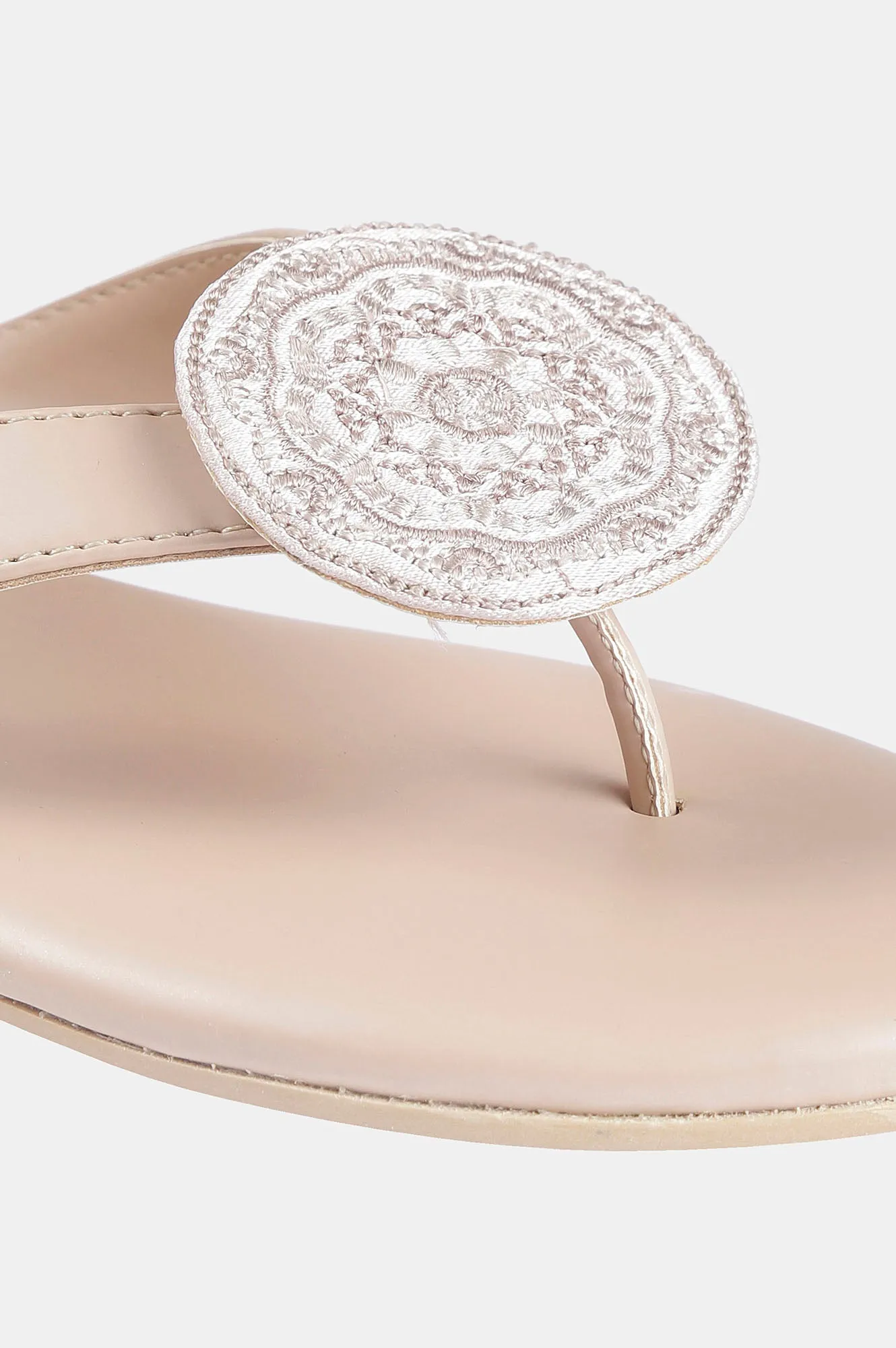 Beige Almond Toe Embroidered Flat - Zdominique