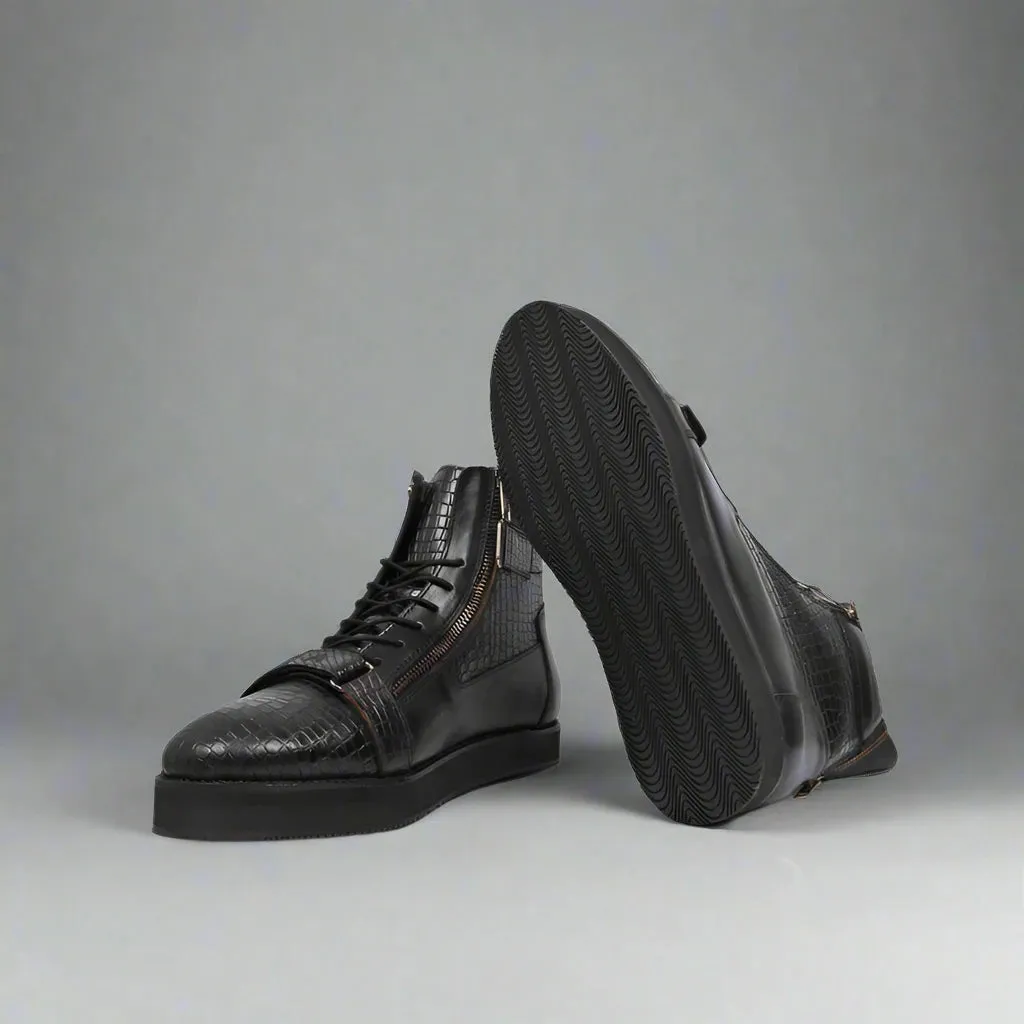 Black Alligator Leather and Black High Top Lace Up Sneakers With Black Sole - Sneaker Shoes