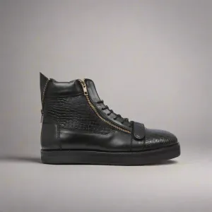 Black Alligator Leather and Black High Top Lace Up Sneakers With Black Sole - Sneaker Shoes
