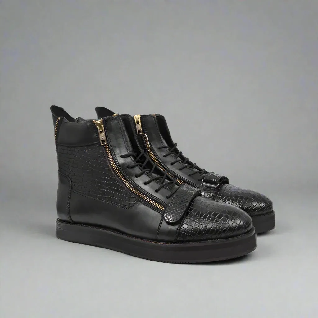 Black Alligator Leather and Black High Top Lace Up Sneakers With Black Sole - Sneaker Shoes