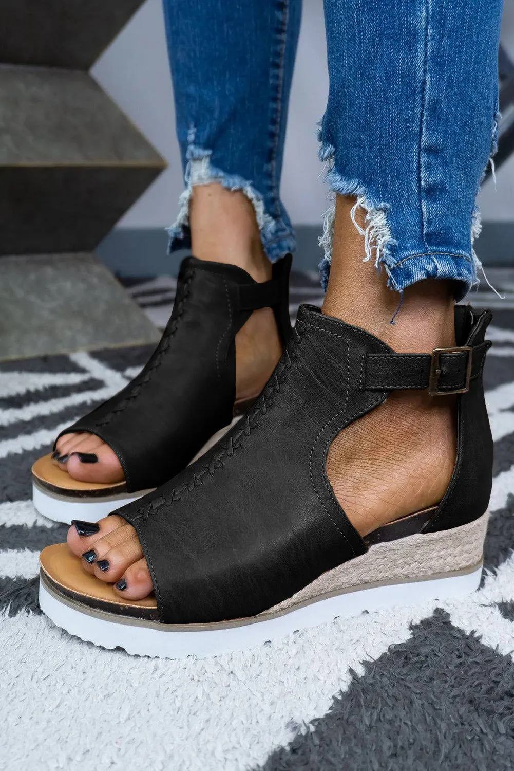 Black Cutout Buckle Strap Platform Sandals