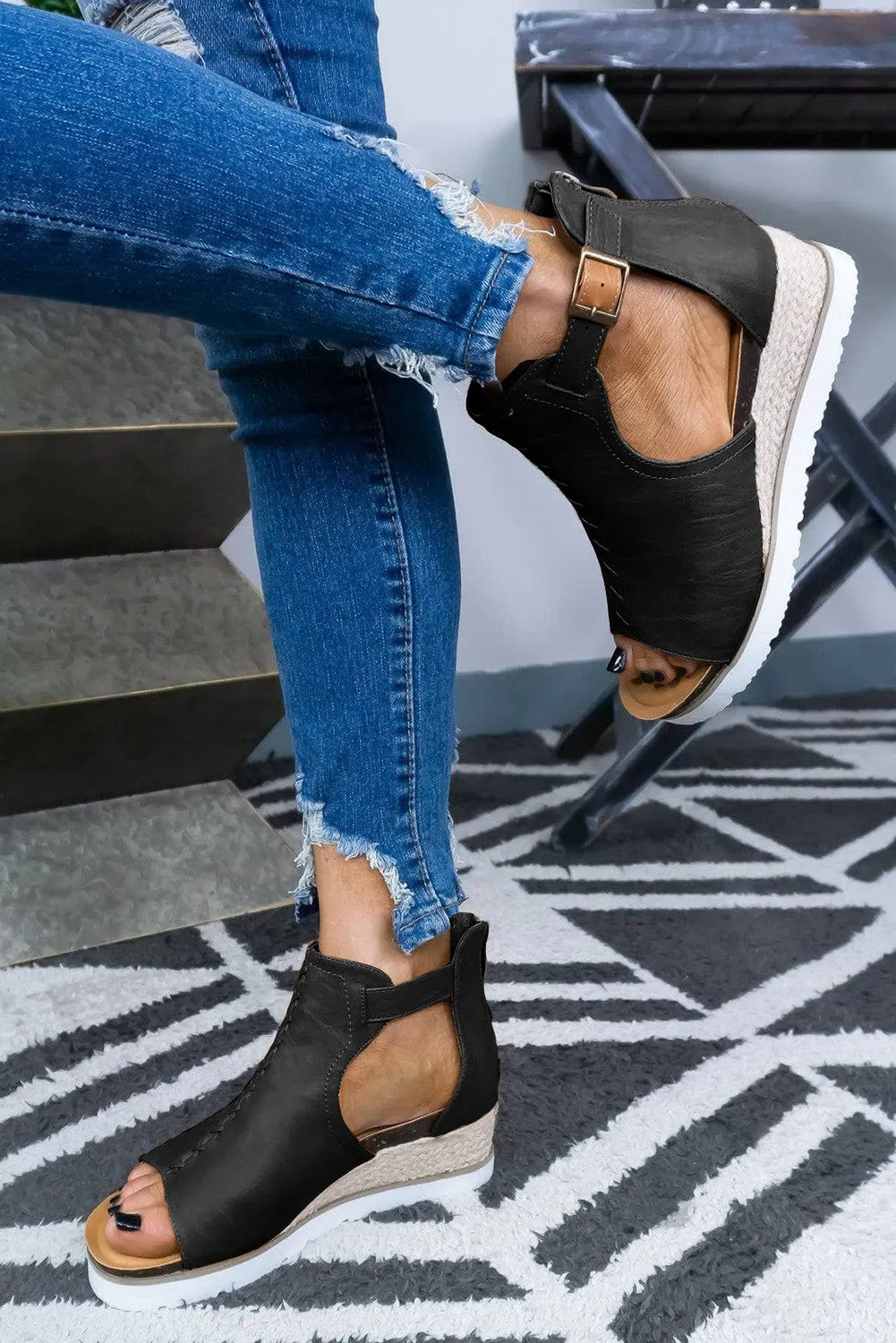 Black Cutout Buckle Strap Platform Sandals