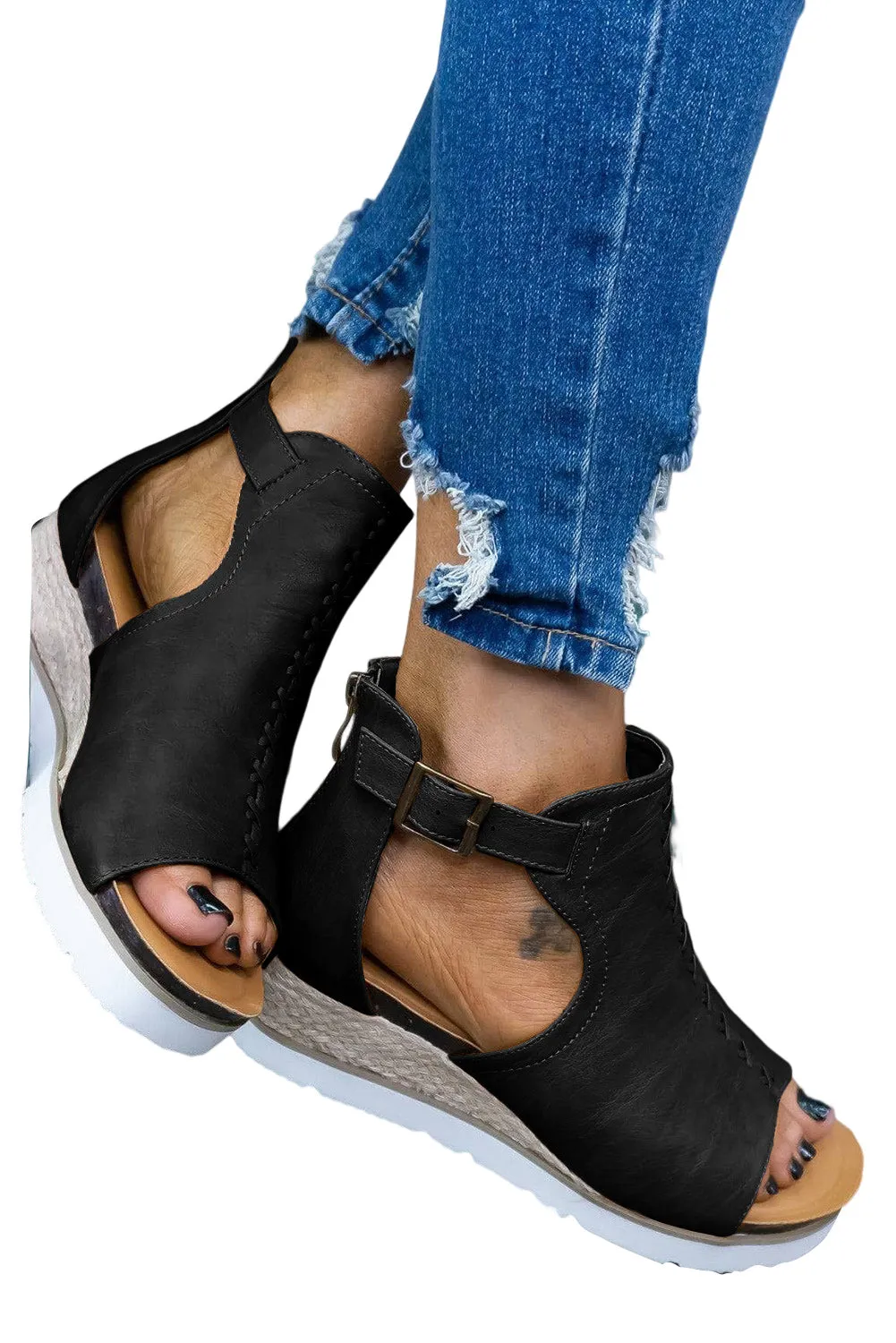 Black Cutout Buckle Strap Platform Sandals