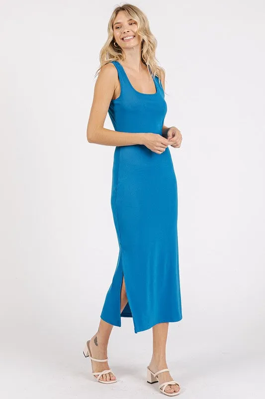 Blue Side Slit Wide Strap Midi Tank Dress