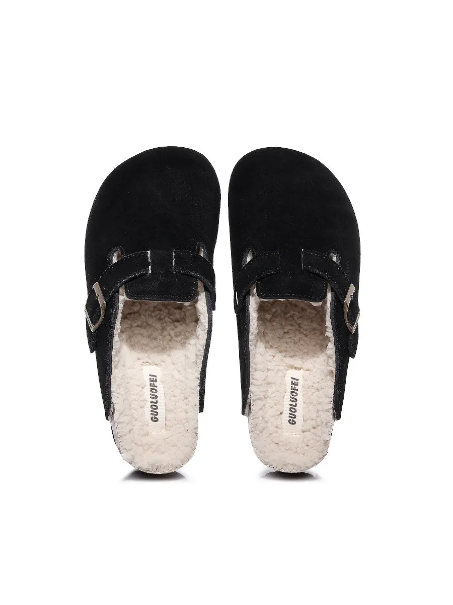 Buckle Suede Fleece Insole Clogs