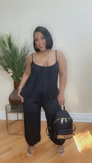 Casual Spaghetti Strap Jumpsuit with Pockets (Black)