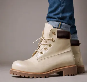 Cream Italian Leather Appoggio Ankle Rugged Lace Up Combat Hiking Boots with Chunky Track Sole - Boots