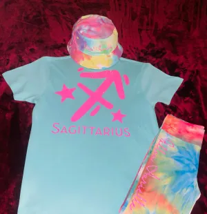 Fallon Aurielle Signature 3 Piece Sagittarius Logo & Name Zodiac Biker Short Set (Turquoise & Pink Sparkle)