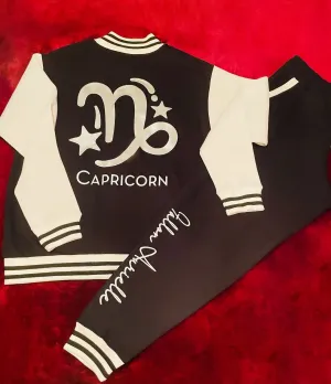 Fallon Aurielle Unisex Signature Capricorn Logo & Name Zodiac Jacket Jogging Set (Black, Metallic Silver & Cream)