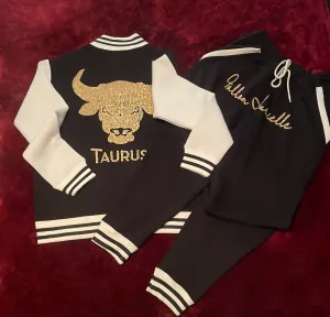 Fallon Aurielle Unisex Signature Taurus Bull Zodiac Jacket Jogging Set (Black, Antique Gold & White)