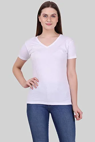 FLEXIMAA Women's Cotton V Neck Plain Half Sleeve T-Shirt