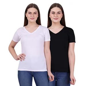 FLEXIMAA Women's Cotton V Neck Plain Half Sleeve T-Shirt