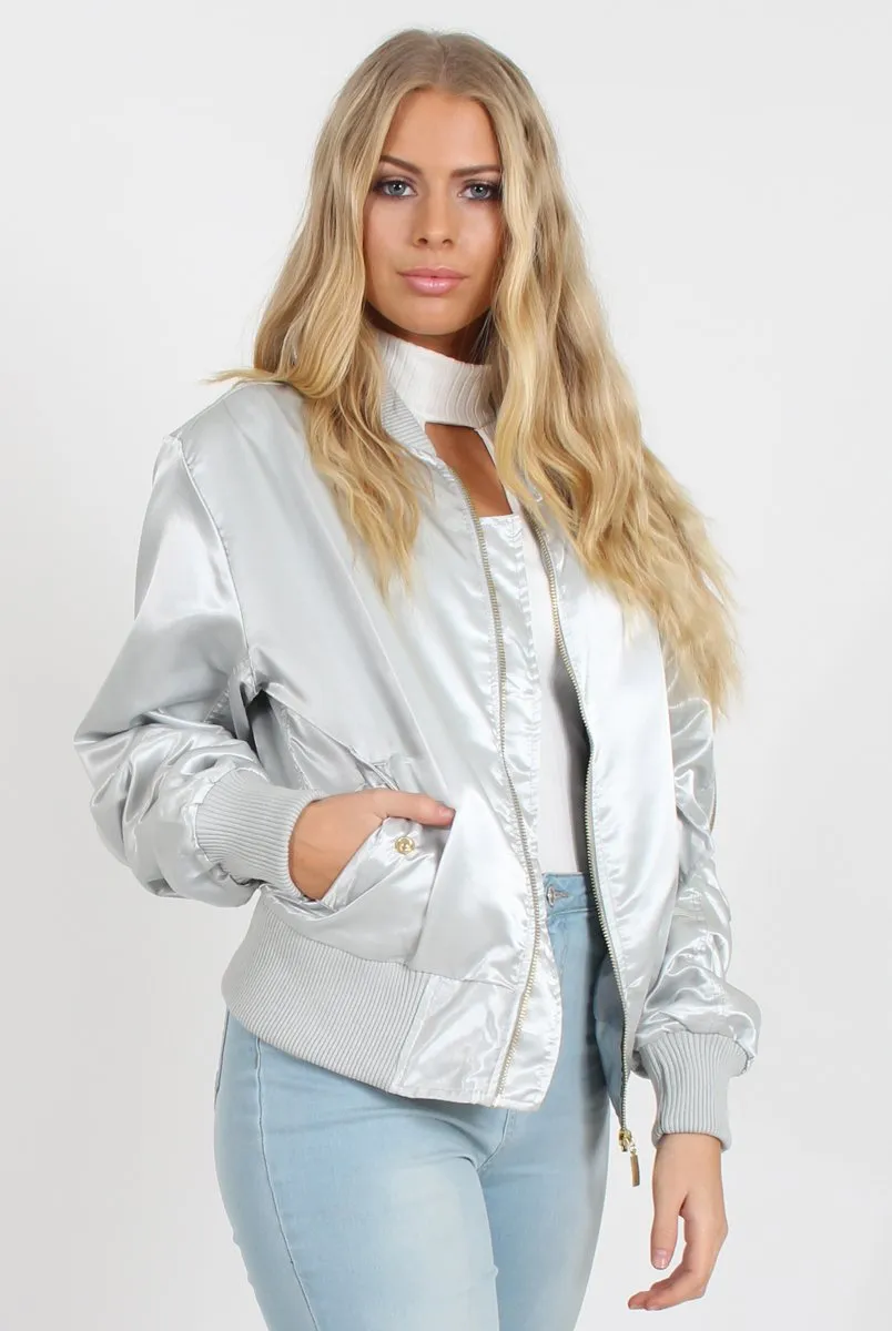 Grey Satin Bomber Jacket - Neve