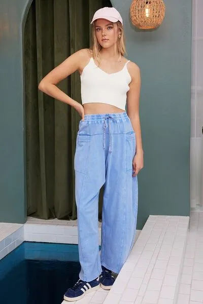 Hazel Blues® |  Mittoshop Mineral Wash Elastic Waist Baarrel Leg Baggy Pants