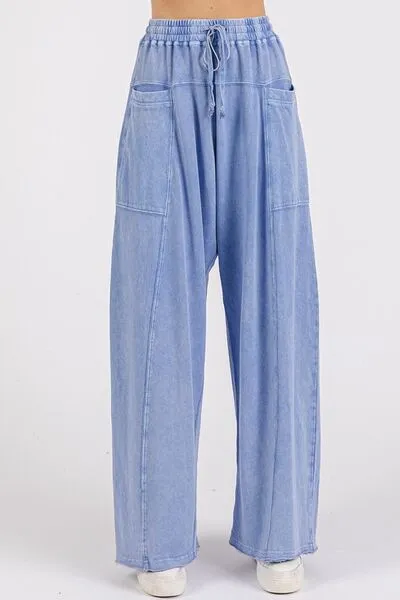 Hazel Blues® |  Mittoshop Mineral Wash Elastic Waist Baarrel Leg Baggy Pants