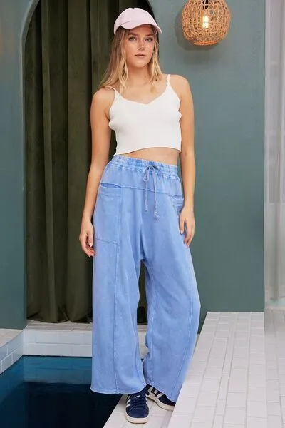 Hazel Blues® |  Mittoshop Mineral Wash Elastic Waist Baarrel Leg Baggy Pants