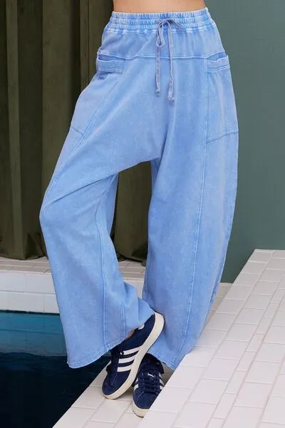 Hazel Blues® |  Mittoshop Mineral Wash Elastic Waist Baarrel Leg Baggy Pants