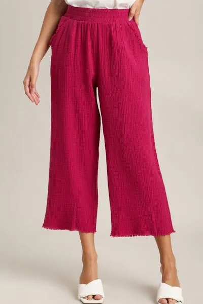 Hazel Blues® | Umgee Raw Hem Elastic Waist Wide Leg Pants