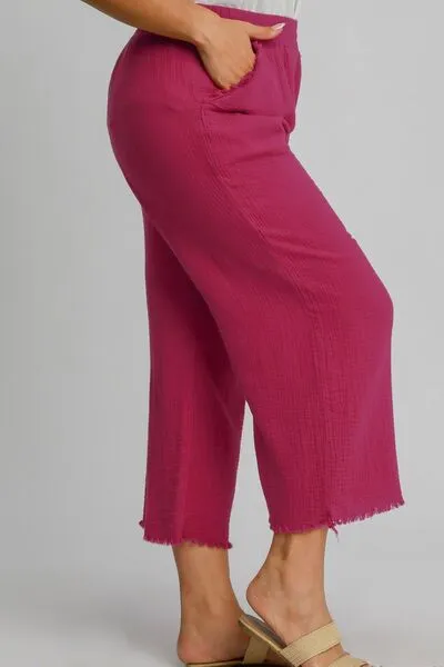 Hazel Blues® | Umgee Raw Hem Elastic Waist Wide Leg Pants