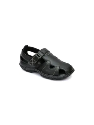 Hitz Men's Black Leather Open Toe Comfort Sandals with Velcro Closure