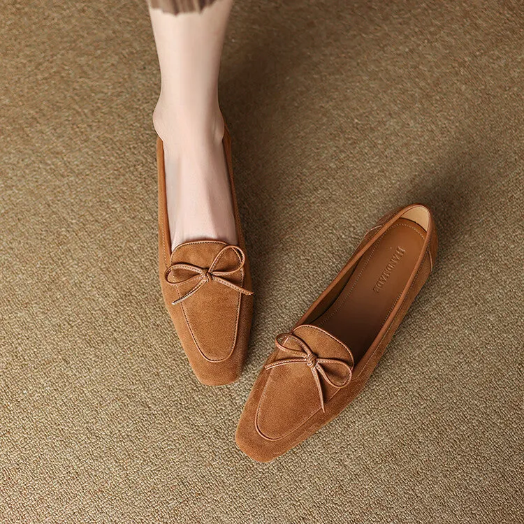 Khaki Butterfly Knot Suede Loafers #001065