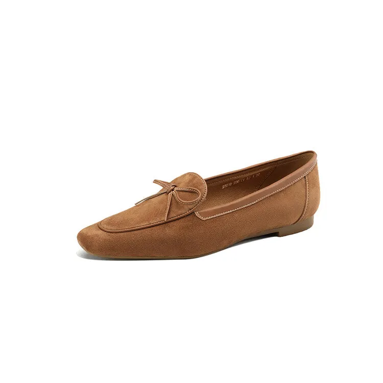 Khaki Butterfly Knot Suede Loafers #001065