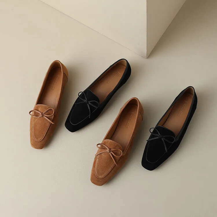 Khaki Butterfly Knot Suede Loafers #001065