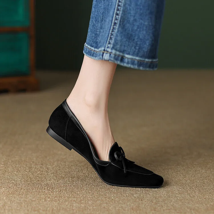 Khaki Butterfly Knot Suede Loafers #001065