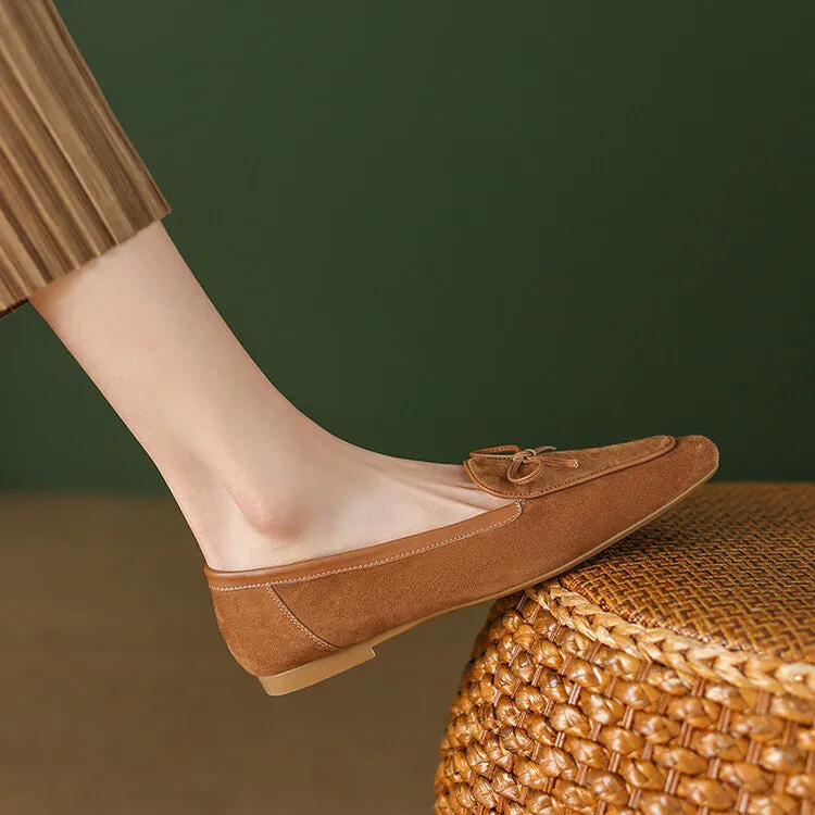 Khaki Butterfly Knot Suede Loafers #001065