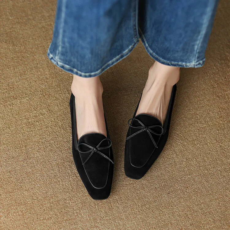 Khaki Butterfly Knot Suede Loafers #001065