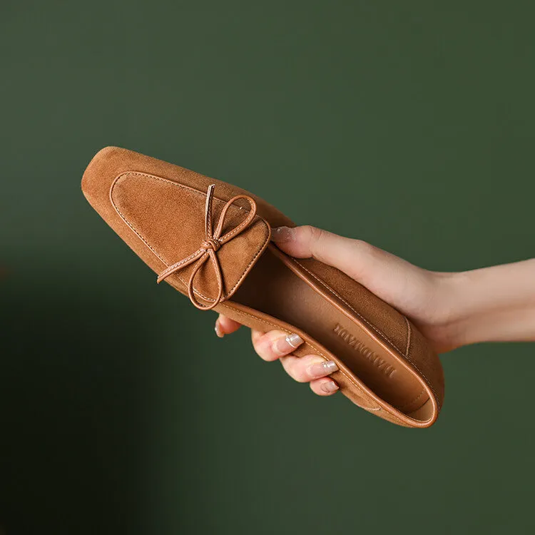 Khaki Butterfly Knot Suede Loafers #001065