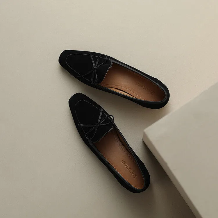 Khaki Butterfly Knot Suede Loafers #001065