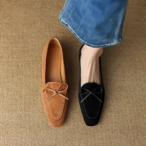 Khaki Butterfly Knot Suede Loafers #001065