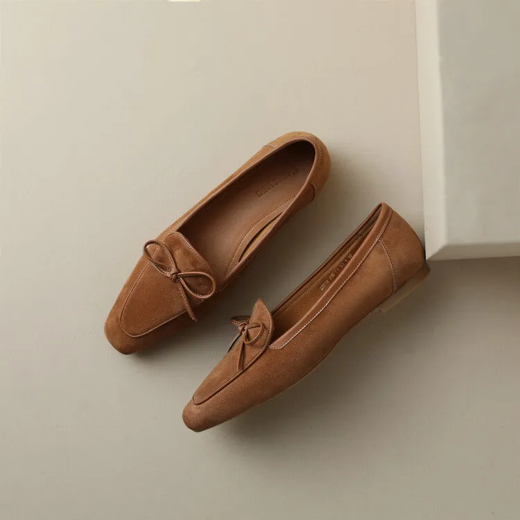 Khaki Butterfly Knot Suede Loafers #001065
