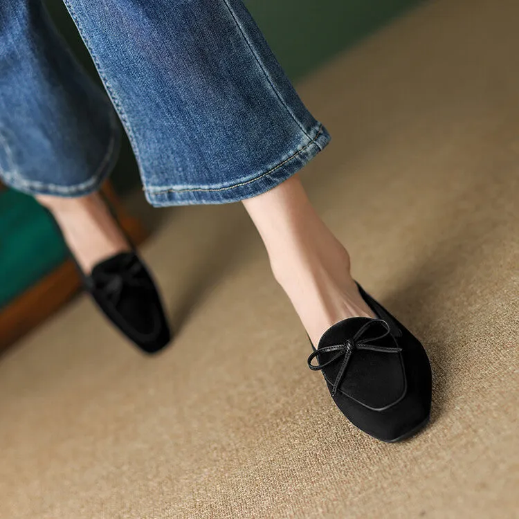 Khaki Butterfly Knot Suede Loafers #001065