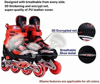 KIZZIE INTERNATIONAL Inline Skates Size Adjustable All Pure PU Strong Wheels Aluminium with LED Flash Light on Wheels, Age Group 6-15 Years [Multi Color-Skating] (Inline Skate)