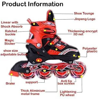 KIZZIE INTERNATIONAL Inline Skates Size Adjustable All Pure PU Strong Wheels Aluminium with LED Flash Light on Wheels, Age Group 6-15 Years [Multi Color-Skating] (Inline Skate)