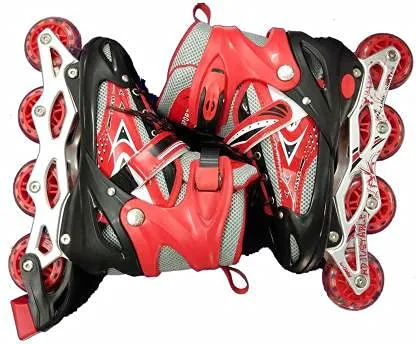 KIZZIE INTERNATIONAL Inline Skates Size Adjustable All Pure PU Strong Wheels Aluminium with LED Flash Light on Wheels, Age Group 6-15 Years [Multi Color-Skating] (Inline Skate)