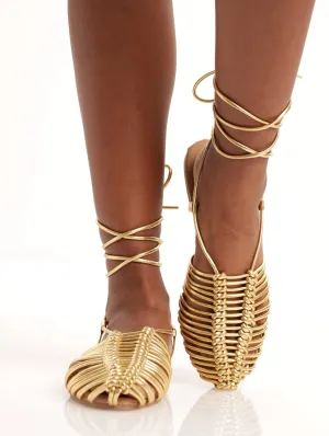 Ladies Ankle Tie Strippy Fisherman Shoe - Gold