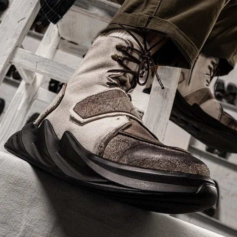 Mens Canvas Patchwork Genuine Leather Ankle Boots