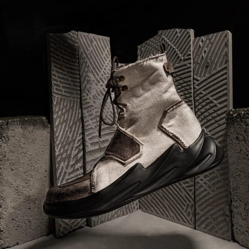 Mens Canvas Patchwork Genuine Leather Ankle Boots