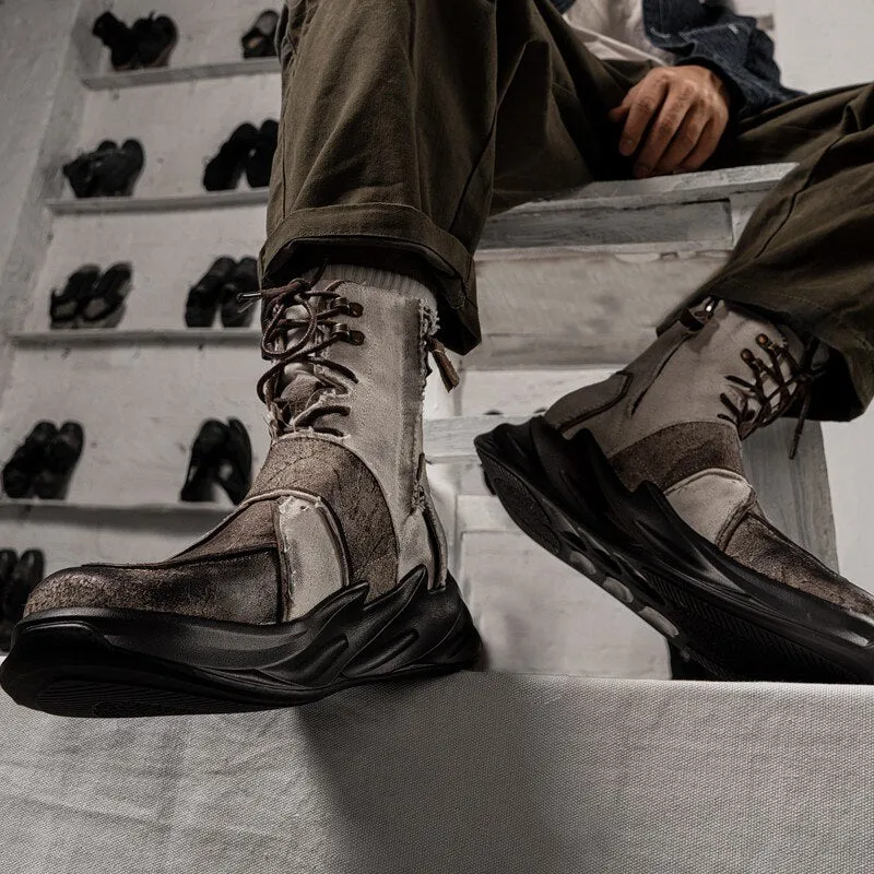 Mens Canvas Patchwork Genuine Leather Ankle Boots