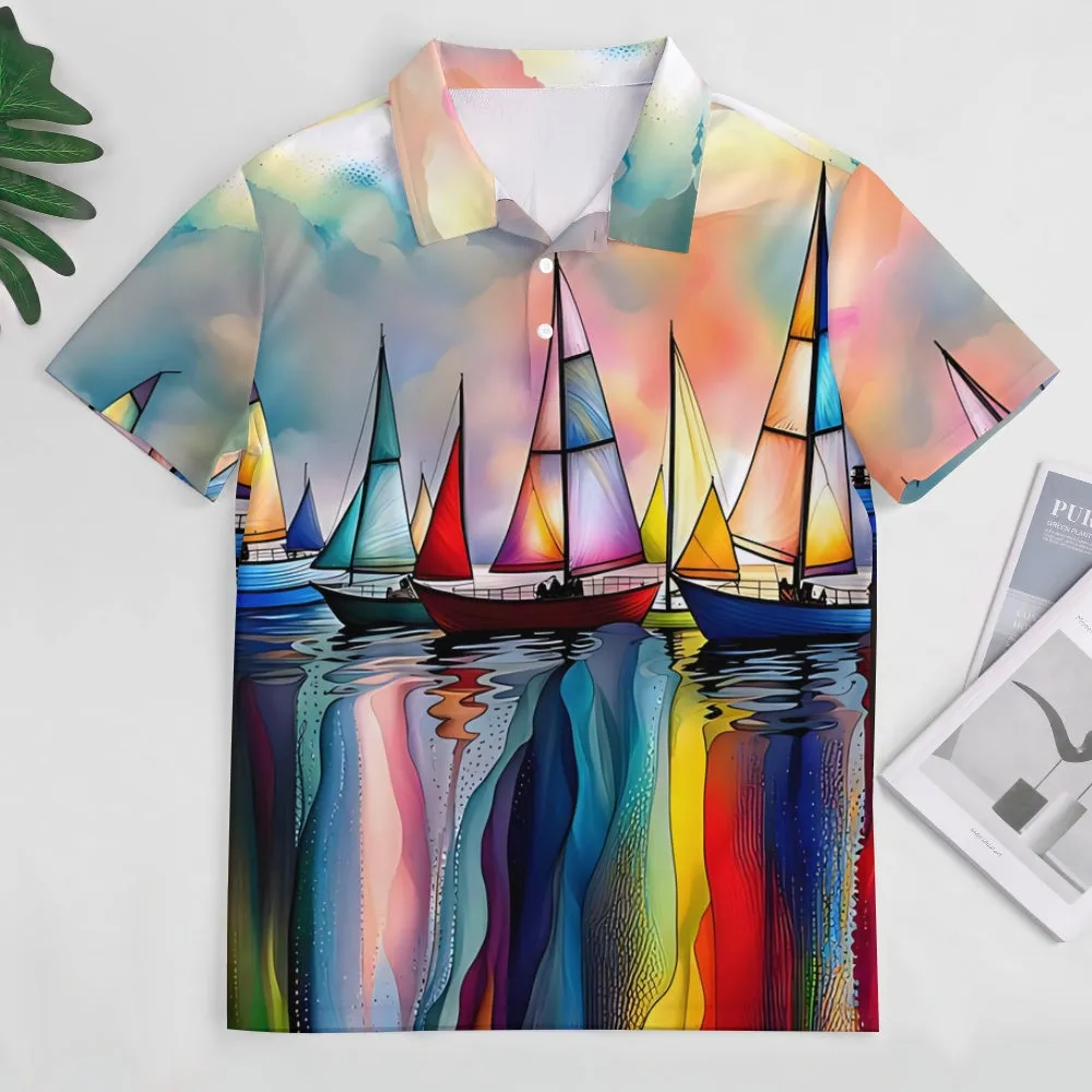 Men's Sailboat Button Down Short Sleeve Polo