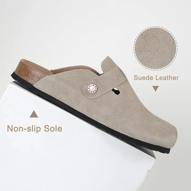 NEW Dumalum Clogs for Women Suede Boston Clogs Adjustable Buckle Slip-on Cork Footbed Mules Clogs Antislip Sole Slippers Unisex, Camel, Sz 6.5