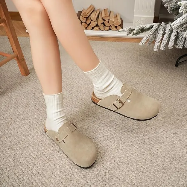 NEW Dumalum Clogs for Women Suede Boston Clogs Adjustable Buckle Slip-on Cork Footbed Mules Clogs Antislip Sole Slippers Unisex, Camel, Sz 6.5