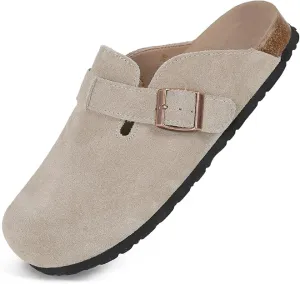 NEW Dumalum Clogs for Women Suede Boston Clogs Adjustable Buckle Slip-on Cork Footbed Mules Clogs Antislip Sole Slippers Unisex, Camel, Sz 6.5